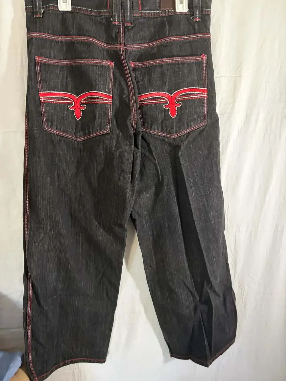 Vintage Men's Black Denim Wide-Leg Embroidered Jeans Size 36x34